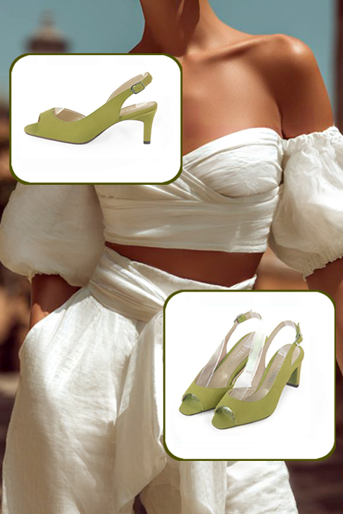 Dress heels peep-toe slingback in pistachio green with medium comma heels and square toe - Worn view